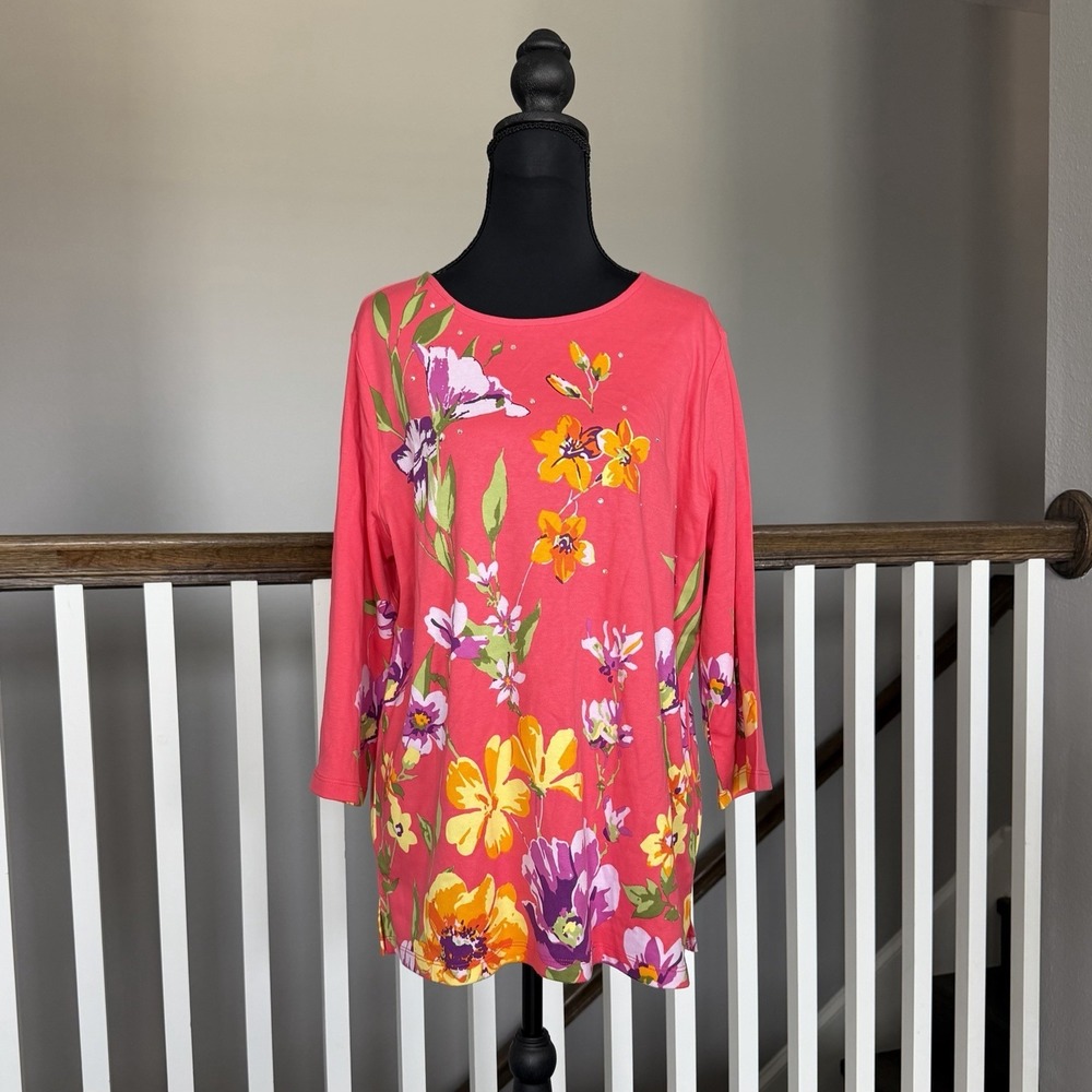 Quacker Factory NWT Rhinestones Floral Shirt Blouse Large Cottagecore Preppy